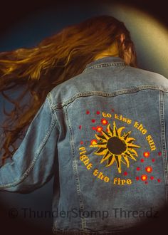 "Description: Our custom design pulls inspiration from Greta Van Fleet's song \"Mountain of the Sun.\" Our design states: \"To kiss the sun, and fight the fire.\" We love this song, and the lyrics are absolutely beautiful. We know this line in the lyrics means a lot to many of you GVF fans; so, now is your golden opportunity to wear your love for this song and this band. *We are the original GVF-inspired brand and best place to get custom-made GVF-inspired jackets and more. Established 2015! --- Fall Festival Outerwear With Graphic Print, Graphic Print Outerwear For Fall Festival, Graphic Print Long Sleeve Outerwear For Festival, Greta Van Fleet Concert Outfit, Greta Van Fleet Concert, Concert Outfit Men, Concert Signs, Lyrics Meaning, Greta Van Fleet