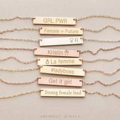 Girl power necklace, female is future, la femme, lady boss necklace, strong lady jewelry, sterlilng silver, gold, rose • nbh30x5-03 Gold Bar Necklace Engraved, Power Necklace, Female Necklace, Gold Bar Necklace Personalized, Lip Jewelry, Daith Jewelry, Tiny Jewelry, Mom Earrings, Engraved Bar Necklace