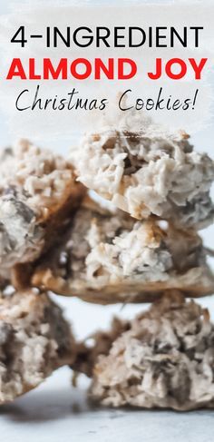 four ingredient almond joy christmas cookies stacked on top of each other