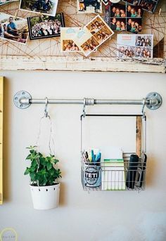 a wall hanging with pictures and photos on it, next to a potted plant