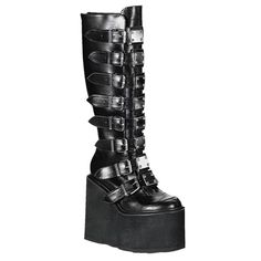 PRICES MAY VARY. ❤[ Measurement]: Heel height approx 4.72"/12CM;Platform height approx 2.36"/6cm; Shaft Height:approx 13.78"/35cm;Shaft Girth:approx14.96"/38cm ❤[ Materials ]: Upper: Faux leather; Lining: soft synthetic materials ; Outsole: anti-skid Rubber Sole Platform: black EVA Buckle: Sliver metal ❤[Punk Goth Design]: Chunky wedge heel combat boots Round toe, Buckle Design, Compact Style, Chunky Platform, Back Zipper,Metal Decoration,Knee Hight Boots ❤[Easy To Wear ]: Back Zip closure along Knee High Platform Boots, Gothic Boots, Vegan Leather Boots, Metal Plates, High Wedges, High Heel Wedges, Knee Boot, Buckle Shoes, Black Vegan