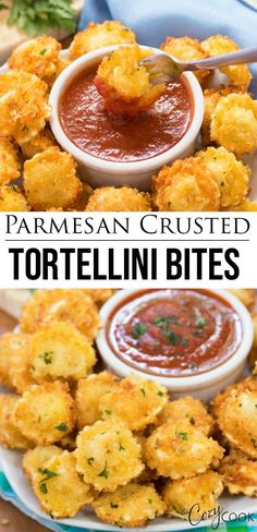 this is an image of parmesan crusted tortelli bites with dipping sauce