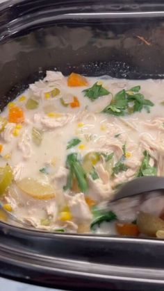 a spoon in a pot filled with chicken and veggie soup on the stove