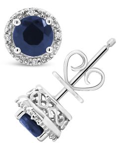 These stylish women's earrings feature round-cut sapphire haloed in shimmering diamonds. Fashioned in sterling silver, the earrings secure with friction backs. Macy's Round Earrings Gift, Macy's Jewelry With Halo Design For Gifts, Elegant Blue Earrings From Macy's, Macy's Elegant Halo Design Earrings, Macy's Round Gemstone Earrings, Macy's Gemstone Round Earrings, Macy's Jewelry With Round Halo Design, Macy's Silver Fine Jewelry Earrings, Macy's Silver Round Earrings