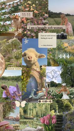 a collage of pictures with animals and flowers on them, including sheep in the background