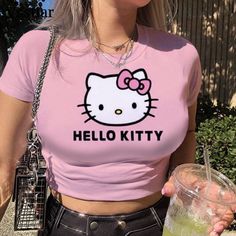 color: ACZ5CD0106, size: XXXL Punk Hello Kitty, Patchwork Crop Top, Vintage Punk, Y2k Clothes, Purple Shorts, Sleeve Women, Pink Tee, Collars For Women, Neck Crop Top