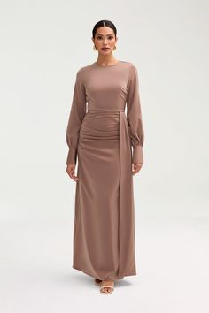 Laylani Satin Rouched Maxi Dress - Taupe Clothing Veiled Elegant Dresses Hijab, Dress Hijab Simple, Graduation Dress Designs, Elegant Silk Dresses, Satin Dresses Long, Dress Satin Bridesmaid, Bridesmaid Satin, Bridesmaid Dresses Satin, Muslimah Wedding