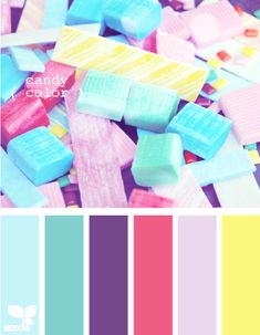 some candy colors are in the color pink, blue, yellow, and green with text that reads more candy color