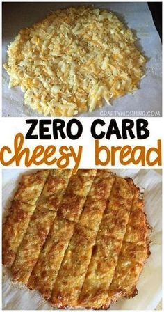 two different types of cheese bread on top of each other and the words zero carb cheesy bread below