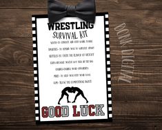 a wrestling survival kit with a black bow tie on it and the words, god luck