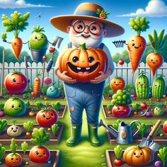 a painting of a man holding a pumpkin in a garden with lots of vegetables and carrots