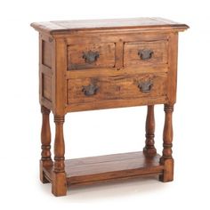 an old wooden side table with two drawers and one drawer on the bottom, isolated against a white background