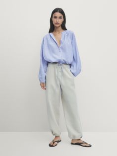 Shirt with gathered neckline Casual Light Blue Zara Blouse, Zara Light Blue Blouse For Fall, Gathered Neckline, Cargo Shirts, Shirt Blouses Tops, Sweaters Knitwear, Blazer Dress, Massimo Dutti, Blue Shirt