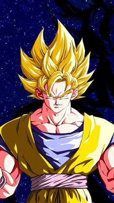 the dragon ball character is pointing his finger at something in front of some dark blue stars