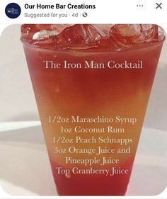 an orange drink in a glass with ice on top and the words, the iron man cocktail