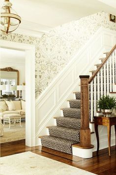 the stairs in this house are decorated with wallpaper