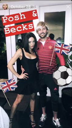 a man and woman posing for a photo in front of a sign that says posh & becks