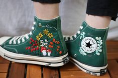 Embroidered converse/Mushrooms and sunflowers embroidered sneakers/Converse high tops embroidered mushrooms /Personalized birthday date  💸 Price includes Converse Shoes and floral embroidery as shown 🌸 You can send me your Converse/Vans shoes or I can buy them for you. We stock all the Converse and Vans shoes you want, if you want other Converse/Vans shoes in the store, please message us. Your embroidered Converse/Vans shoes will be available for shipping in 7-15 days. 🌸 I started hand embroi Casual High-top Sneakers With Embroidered Graphics, Casual Sneakers With Custom Embroidery, Casual High-top Sneakers With Custom Embroidery, Embroidered Mushrooms, Embroidery Sketch, Embroidered Sneakers, Chuck Taylor Shoes, Embroidered Converse, Birthday Date