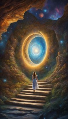 a painting of a woman walking up some steps towards a blue and yellow spiral object