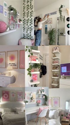 a collage of photos showing various rooms with plants on the walls and in between them