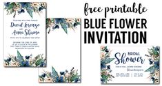 the free printable blue flower wedding invitation is shown in three different colors and sizes