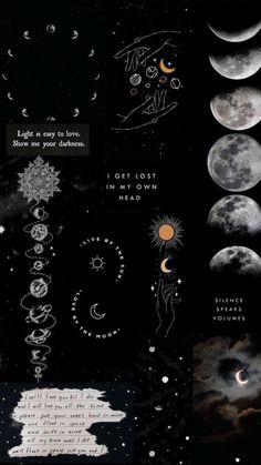 the phases of the moon and stars in the night sky with some writing on it