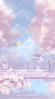 a cartoon character is standing on a bridge with flowers in the foreground and a bird flying overhead