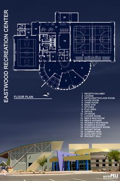 the floor plan for an empty basketball court in front of a building with blueprints