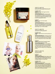 the contents of a beauty product displayed on a yellow background with flowers and photos surrounding it