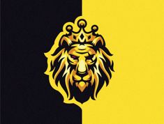 a lion's head with a crown on top of it in front of a black and yellow background