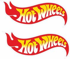 two hot wheels stickers are shown in red, yellow and orange flames on white