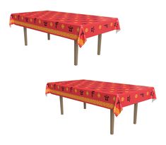 two tables with red and yellow tablecloths on them