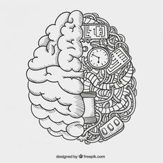 a drawing of a brain with an electronic device inside it, surrounded by other things