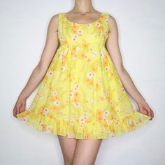 Yellow Babydoll Mini Dress 60s Babydoll Dress, 60s Babydoll, Babydoll Mini Dress, Corset Skirt, Floral Butterfly