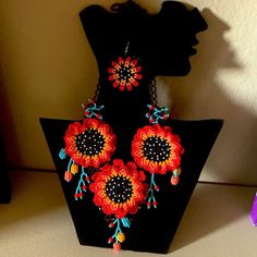 Beautiful Handmade Multicolored 3d Beadwork Set With Brooch In The Back With 3 Opcin Red Jewelry With Bead Caps, Womens Jewelry Necklace, Bead Work, Beaded Necklace, Jewelry Necklaces, Women Jewelry, Orange, Beads, Red