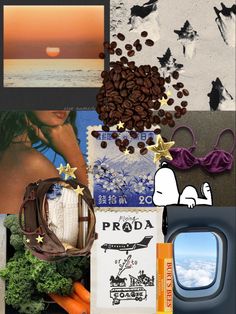 the collage has many different pictures and words on it, including coffee beans, an airplane