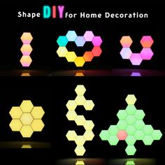 four different colored hexagons are shown in the dark, one is lit up and