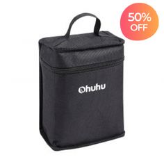 a black lunch bag with the words ohuhu on it and 50 % off