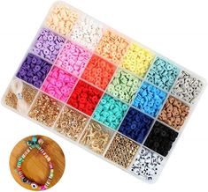 the bead box is filled with different colors of beads and wooden beads for making bracelets or necklaces