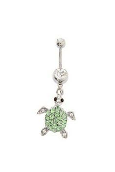 a green turtle belly ring with crystal stones on the bottom and an attached ball in the middle