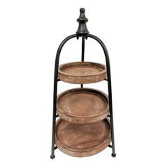 three tiered wooden tray with metal stand