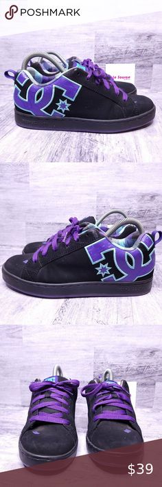 DC Court Graffik Skate Sneaker Black Purple Women's sz 8.5 Dc High Top Shoes, Womens Dc Shoes, How To Style Dc Shoes, 2000s Dc Shoes, Purple Skate Shoes, Dc Shoes Outfit Women, Dcs Shoes, Chunky Skate Shoes, Dc Shoes Aesthetic