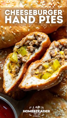 cheeseburger hand pies with ketchup, mustard and peppers on top