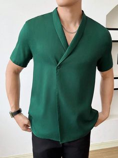 Manfinity Homme Men Solid Shawl Collar Wrap Detail Shirt | SHEIN USA Green Shirt Men, Nigerian Men Fashion, Men Fashion Casual Shirts, African Clothing For Men, Mens Casual Dress Outfits, Men Stylish Dress, Guys Clothing Styles, Fashion Suits For Men