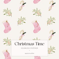 christmas time seamless pattern with stocking and holly branches on a white background in the style of watercolor