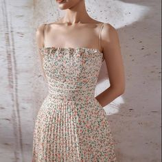 Lasaky - Floral Print Sweetheart Neckline Pleated Mini Dress Pleats Pattern, Spaghetti Strap Prom Dress, Pleated Mini Dress, Dress Flower, Dress Spaghetti, Pleated Midi Dress, Tea Length, Mode Inspiration, Looks Vintage