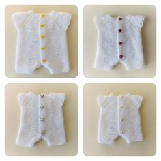 four pictures of white knitted baby sweaters with buttons on the front and back