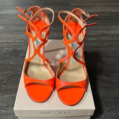 Jimmy Choo Neon Flame (Orange) Sandals Size 39.5, Gently Worn With Original Shoe Box Orange Sandals, Jimmy Choo Shoes, Shoe Box, Color Orange, Women's Shoes Sandals, Jimmy Choo, Leather Sandals, Patent Leather, Shoes Sandals