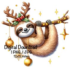 a slotty hanging from a branch with christmas decorations on it's head and the words digital download png, jpg