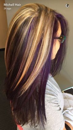 Purple And Blonde Hair, Purple Hair Color Highlights, Balayage Bangs, Highlights And Lowlights, Hair Color Purple, Hair Color Highlights, Hair Color And Cut